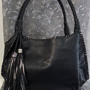 Sondra Roberts Squared Black Handbag with silver and black Tassels